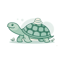 Mochi the green turtle with a small cairn of stones on her shell